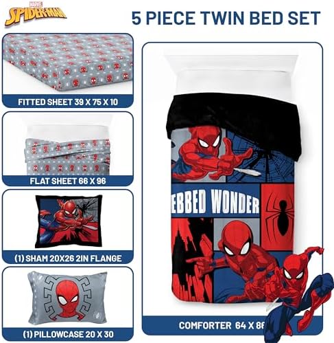 Marvel Spiderman Twin Comforter Set 5 Piece Kids Bedding for Boys, Multi