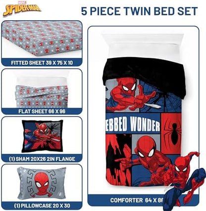 Marvel Spiderman Twin Comforter Set 5 Piece Kids Bedding for Boys, Multi