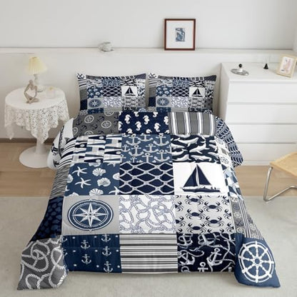 Castle Fairy Nautical Themed Checkered Bedding Comforter Twin Size Ocean Adventure Comforter Set for Kids Boys Teens,Navy Blue Rudder and Boat Anchor Quilted Duvet Patchwork Stripes Duvet Insert 2pcs