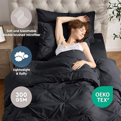 Nestl 7 Piece Twin Comforter Set – Black Pinch Pleated Bed in a Bag – Complete Twin Size Bedding Set with Sheets, Set of 2 Cooling Pillows, Pillowcase and Sham