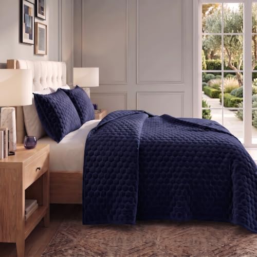 Tribeca Living Lugano Oversized Velvet Quilt Set - All Season, Extra Large, 3 Piece Queen Size Comforter Set with 2 Pillow Shams in Indigo Honeycomb Pattern 260GSM