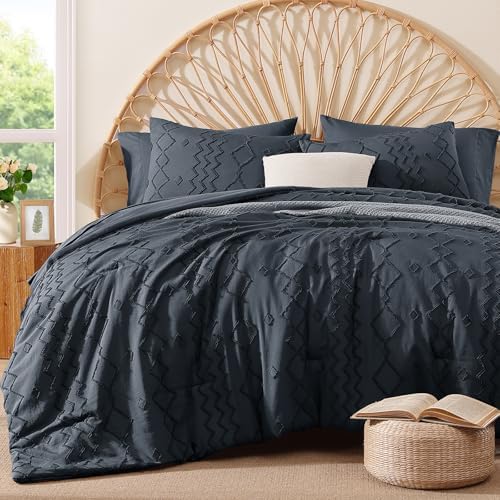 King Size Comforter Set Navy Blue Tufted Boho Geometric Bedding 7 Pieces