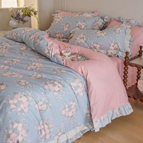 Romantic Ruffle Blue Duvet Cover Set Full Size, Aesthetic Pink Flower Comforter Cover Vintage Cottagecore Bedding Set, Soft Lightweight 100% Cotton Princess Lace Duvet Cover with Zipper Closure