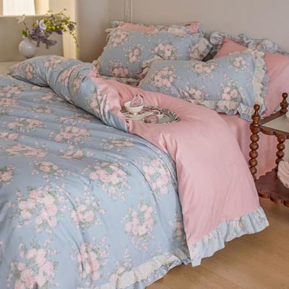 Blue Floral Duvet Cover Set with Pink Flower Pattern Twin XL, Romantic Ruffle Comforter Cover for Kids Girls, Vintage Botanical Cottagecore Bedding 100% Cotton Princess Duvet Cover with 2 Pillowcase