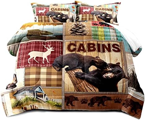 LUVIVIHOME 3PCS Rustic Cabin Comforter Set Full Size, Bear Bedding Sets, Elk Deer Forest Woodland Animals Wildlife Hunting Country Farmhouse Red Buffalo Plaid Lodge Patchwork Quilt, 2 Pillow Shams