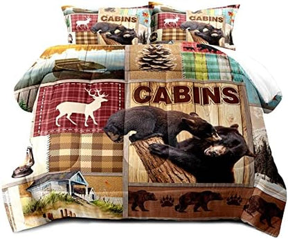 LUVIVIHOME 3PCS Rustic Cabin Comforter Set Full Size, Bear Bedding Sets, Elk Deer Forest Woodland Animals Wildlife Hunting Country Farmhouse Red Buffalo Plaid Lodge Patchwork Quilt, 2 Pillow Shams