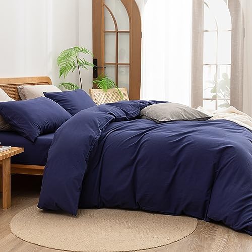 BESTOUCH Cotton Solid Duvet Cover Set Linen Feel Navy Blue Full
