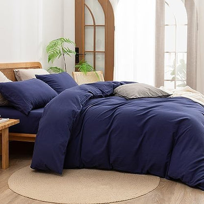BESTOUCH Cotton Solid Duvet Cover Set Linen Feel Navy Blue Full