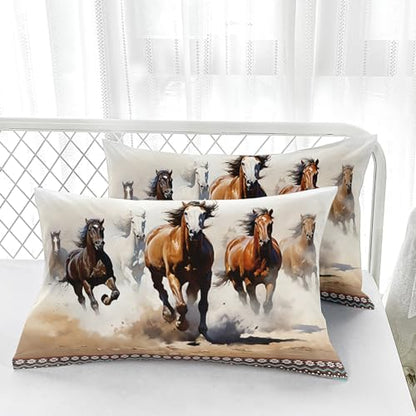 Nttopship Horse Western Comforter Set Full Size,100% Soft Ultra-Fine Fiber Four Season Farmhouse Wildlife Printed Comforter Set with 1 Comforter and 2 Pillow Case