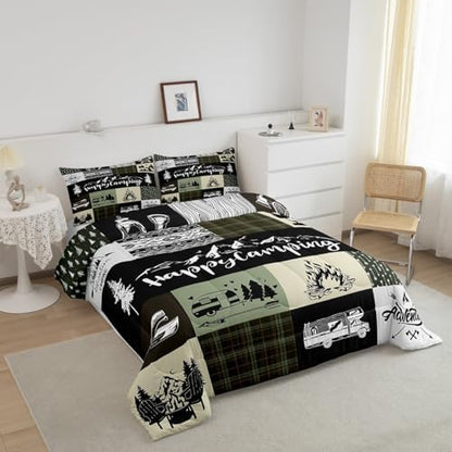 Castle Fairy Camping Camper Full Size Comforter Set,RV Inside Decor Rustic Patchwork Bedding Comforters Bedroom Collection,Farmhouse Lodge Hunting Green Check Bedding Set for Girls Teens