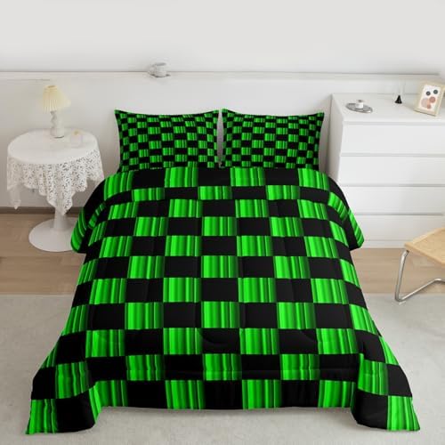 Feelyou Checkered Comforter Set All Season Abstract Ombre Bedding Set with 2 Pillow Cases Modern Geometric Green Black Kids Queen Bedclothes Cute Neutral Aesthetic Plaid Bedroom Decor Duvet Quilt