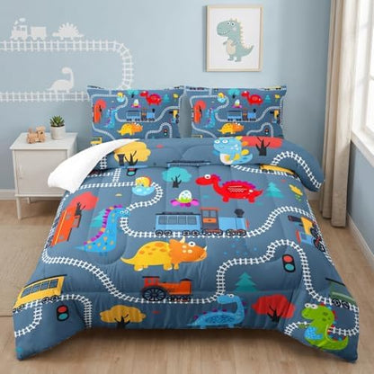 AILONEN Cartoon Train Comforter Set Full Size, Railroad Train Printed Bedding Set for Kids,Cute Dinosaur Comforter Set for All Season,3-Pieces,1 Comforter with 2 Pillowcases,Soft Machine Washable