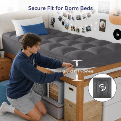 ELEMUSE Twin XL Grey Mattress Topper for College Dorm, Thick Pillow Top