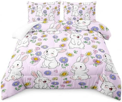 AILONEN Rabbit Comforter Set Full Size, Cute Bunny Bedding Set,Girls Kids Kawaii Comforter Set,Colorful Daisy Floral Duvet Set 3 Pieces, 1 Quilt and 2 Pillowcases