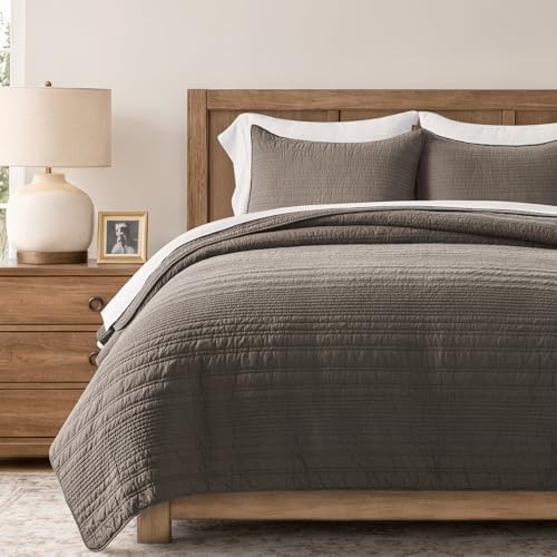 EVERGRACEHOME 100% Cotton Modern Lines Quilt Set King Size, Mushroom Brown