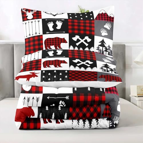 LUVIVIHOME 3PCS Rustic Cabin Comforter Set King Size, Christmas Bedding, Deer Bear White Red Black Plaid Patchwork Lodge Log Country Farmhouse Bedroom Decor, Soft Microfiber Quilt, 2 Pillow Shams