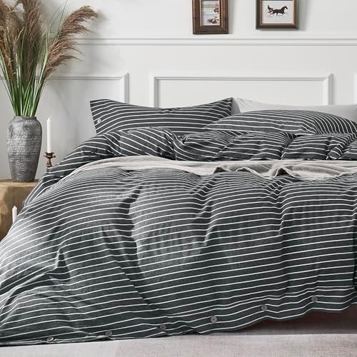 JELLYMONI Cotton Duvet Cover Twin Size - Gray Pinstriped Comforter Cover with Button 100% Washed Cotton 2PCS Breathable Soft Solid Bedding Set Duvet Cover 68×90in & 1 Pillowcase (NO Comforter)