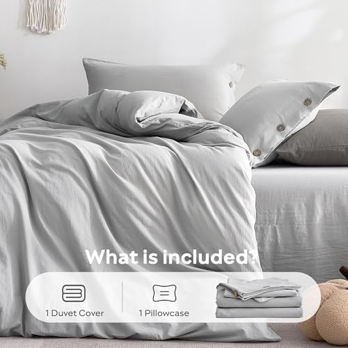 JELLYMONI 100% Washed Cotton Pale Grey Duvet Cover Twin, Linen-Like