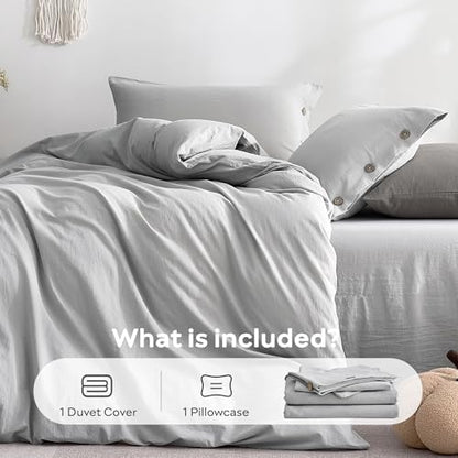 JELLYMONI 100% Washed Cotton Pale Grey Duvet Cover Twin, Linen-Like