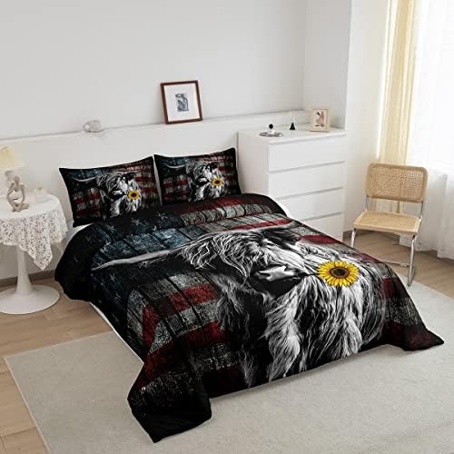 Feelyou Highland Cattle Bedding Set Sunflower Highland Cow Comforter Set for Kids Boys Girls America Flag Bull Comforter Animal Quilt Set 1 Comforter Set with 2 Pillowcases Full Size