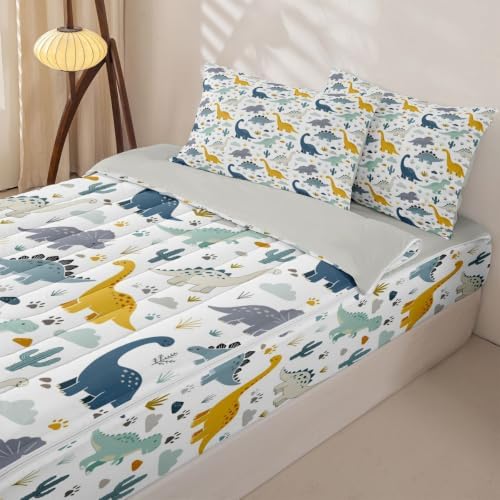 Feelyou Dinosaur Zipper Bedding for Kids Twin Size 3D Dino Print Bed in a Bag with Sheets, Comforter, Pillowcases Jungle Dino Comforter Set for Boys Girls Bedding Sets Durable Easy to Make and Clean