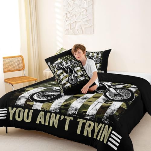 Feelyou Camo American Flag Motocross Bedding Set Soft Dirt Bike Queen