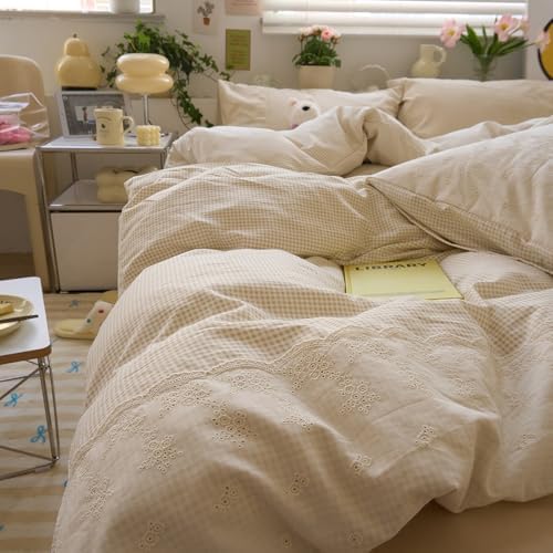 LifeTB Tan Gingham Comforter Set King Romantic Lace Bedding Beige Plaid Comforter Set Vintage Grid Checkered Pattern Comforter with 2 Pillowcases Farmhouse Taupe Plaid Gingham Bedding Set