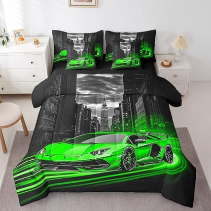 Feelyou Green Race Car Comforter Set with Sheets Twin Size Kids Speed Sports Car 7 Pieces Bedding Set for Boys Girls Teens Racing Car Bed in a Bag Extreme Sports Street Bed Set Gothic Modern City