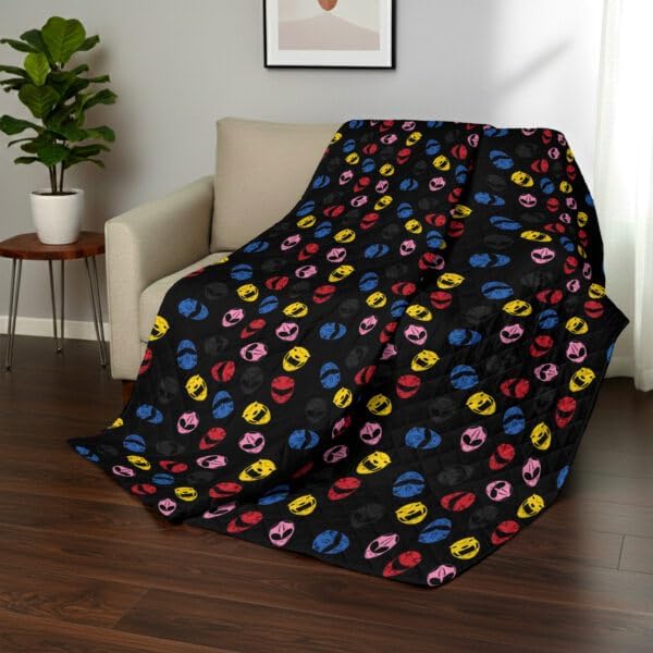 Power Rangers and Helmets Quilted Throw Blanket, Classic Mighty Morphin Helmet Icons, Comfy Throw, Adults Boys Girls, Soft Lightweight Bedding for Bed, or Couch, 60 x 80 Inches