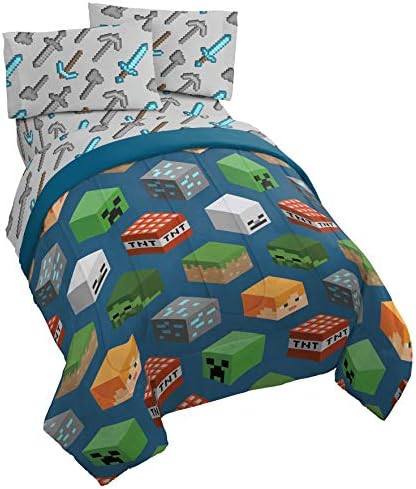 Minecraft Creeper Twin Comforter Set 4 Piece Kids Bedding for Boys, Blue