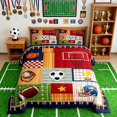 Boys Football Comforter Set Cartoon Ball Sports Themed Bedding Set for Kids Teens Child Room Decor Colorful Geometric Grid Stripes Quilted Duvet Cute Baseball Rugby Duvet Insert Twin Size