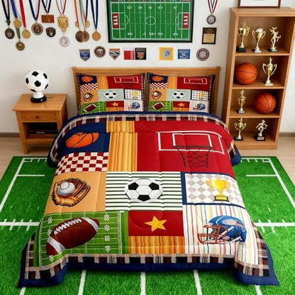 Boys Football Comforter Set Cartoon Ball Sports Themed Bedding Set for Kids Teens Child Room Decor Colorful Geometric Grid Stripes Quilted Duvet Cute Baseball Rugby Duvet Insert Twin Size