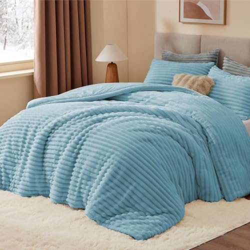 BEDELITE Fleece Oversized Queen Comforter Set, Fluffy Bed Set, Grey Blue