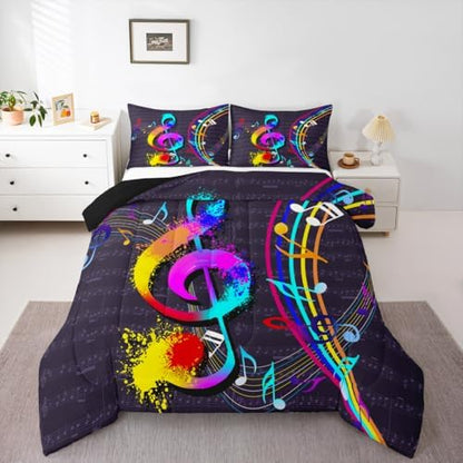 Music Note Comforter Set - King Size Colorful Tie-Dye Hippie Style Bedding for Boys & Girls - Musical Notation Decor - Duvet Insert 3 Pcs
