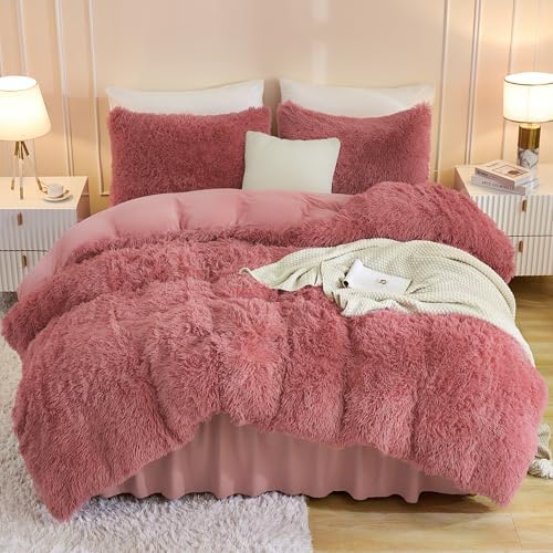Andency Old Pink Queen Comforter Set, Fluffy Faux Fur Warm Bedding Set