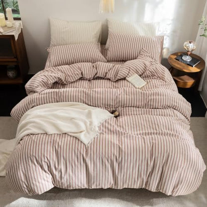 FOSSA Striped Duvet Cover Set 100% Washed Cotton Linen Feel King