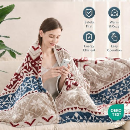 Reaks Heated Blanket Twin, 9 Heat Levels, 2-10H Auto-Off, Red Beige