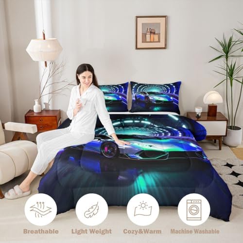 Feelyou Boys Sports Car Bedding Set Soft for Boys Girls, Speed Sports Comforter Set Full Size Blue Racing Car Duvet Quilt Microfiber Extreme Bedroom Decor 3 Pcs with 2 Pillow Cases