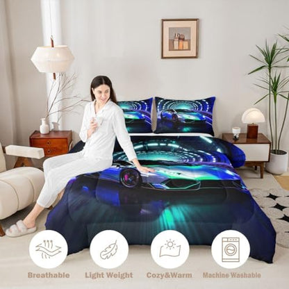 Feelyou Boys Sports Car Bedding Set Soft for Boys Girls, Speed Sports Comforter Set Full Size Blue Racing Car Duvet Quilt Microfiber Extreme Bedroom Decor 3 Pcs with 2 Pillow Cases