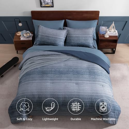 Queen Comforter Set Striped Lake Blue Coastal 7 Pieces Bed in a Bag