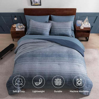 Twin XL Comforter Set Striped Lake Blue 5 Pieces College Dorm Bed in a Bag