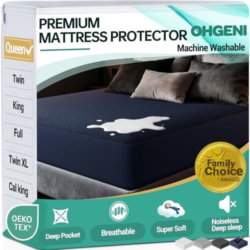 OhGeni Waterproof Mattress Protector, Queen Size Mattress Pad Fitted with Deep Pocket 6"-18", Breathable Soft, Washable DirtProof Mattress Cover, Navy Blue, More Than 99 pcs fibers, Daybed Cover
