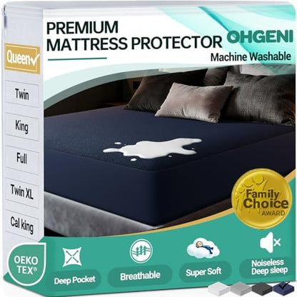 OhGeni Waterproof Mattress Protector, Queen Size Mattress Pad Fitted with Deep Pocket 6"-18", Breathable Soft, Washable DirtProof Mattress Cover, Navy Blue, More Than 99 pcs fibers, Daybed Cover