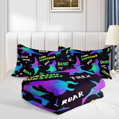 Axolotl Cartoon Dinosaur Bedding Set King Size,Gradient Dinosaur Comforter for Kids Teens,Colorful Dino Kids Bed Set,Monsters Bedding for Boys Girls Adults,1 Quilt with 2 Pillowcases All Season,Black