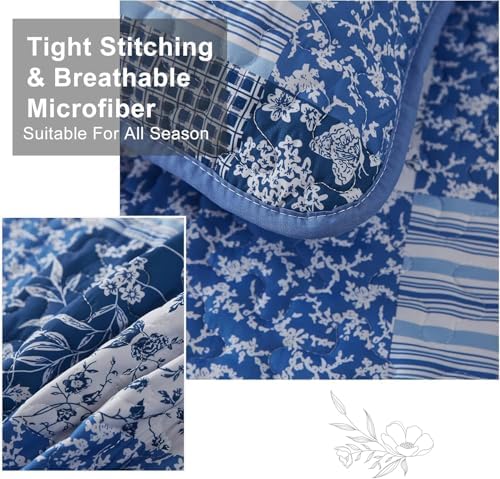 Mybedsoul Blue Quilt Set Twin Size Dorm Bedding, Patchwork Bedding Set