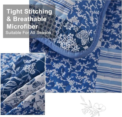 Mybedsoul Blue Quilt Set Twin Size Dorm Bedding, Patchwork Bedding Set