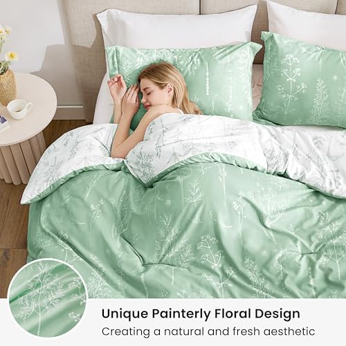 Love's cabin Sage Green Comforter Set Queen - Queen Size Comforter Set, 3 Pieces Cute Floral Bedding Sets for All Seasons,1 Soft Reversible Botanical Flowers Comforter and 2 Pillow Shams