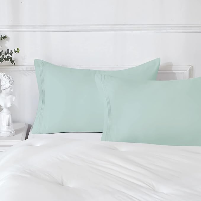 YIYEA Pillow Cases Standard Size Set of 4, Ultra Soft 1800TC Hotel Quality Double Brushed Microfiber Embroidered Pillowcases, Envelope Closure, Fade Resistant (20"x26", Aqua)