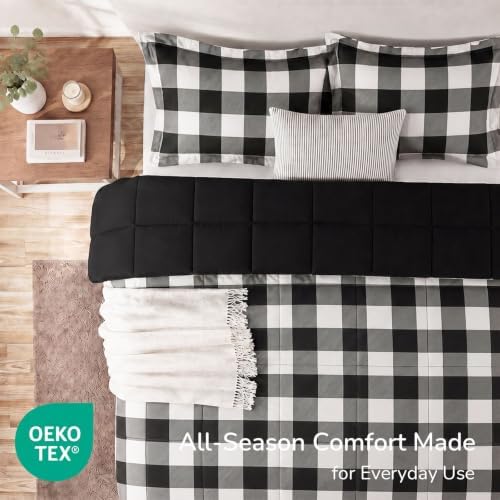 downluxe King Comforter Set Soft Reversible 3 Pieces, Plaid Black/White
