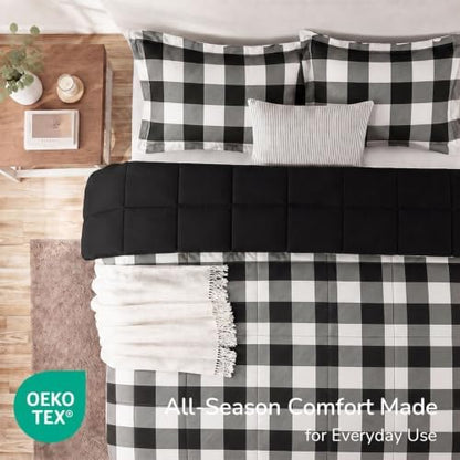 downluxe King Comforter Set Soft Reversible 3 Pieces, Plaid Black/White